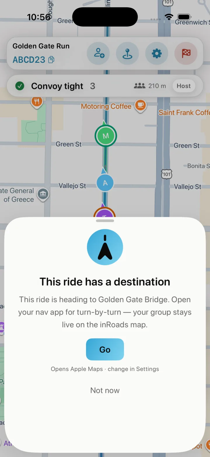 A shared destination and route with an ETA, ready to hand off to your navigation app